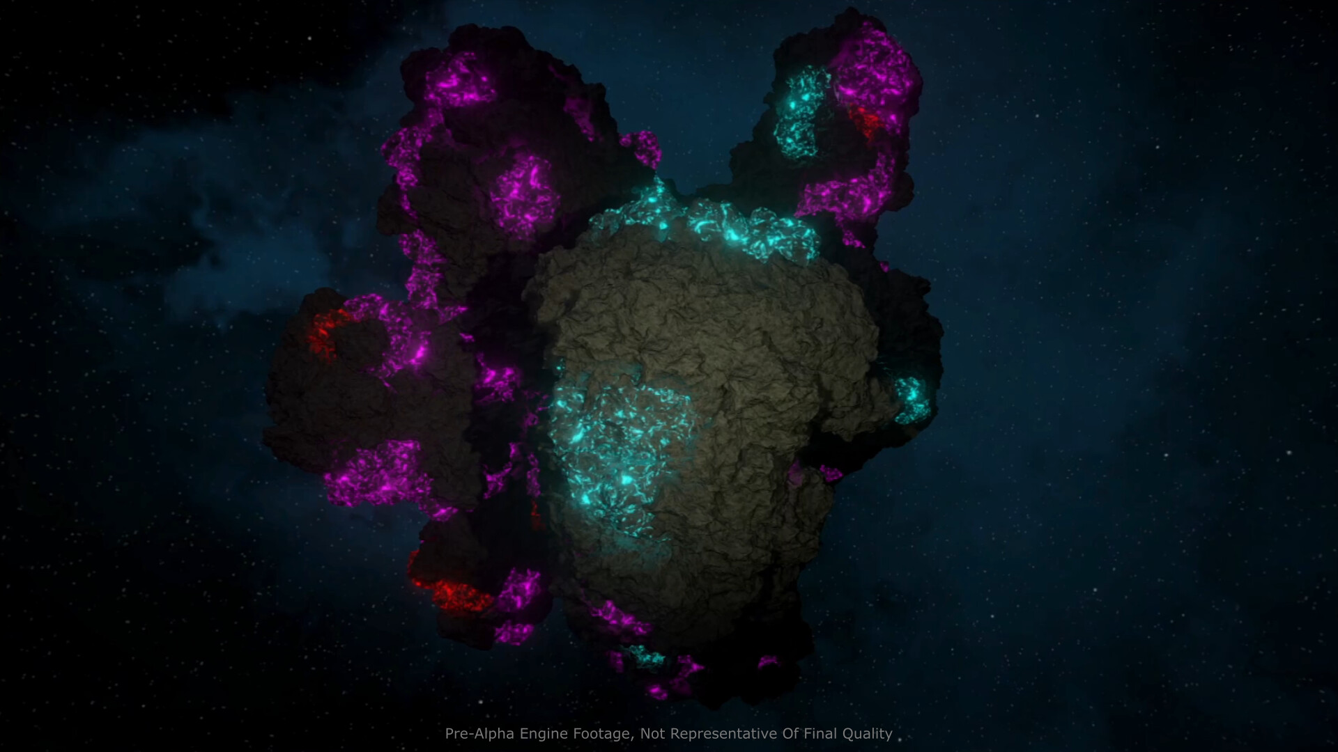 A magenta and cyan crystal asteroid drifting through space in Astra Industria