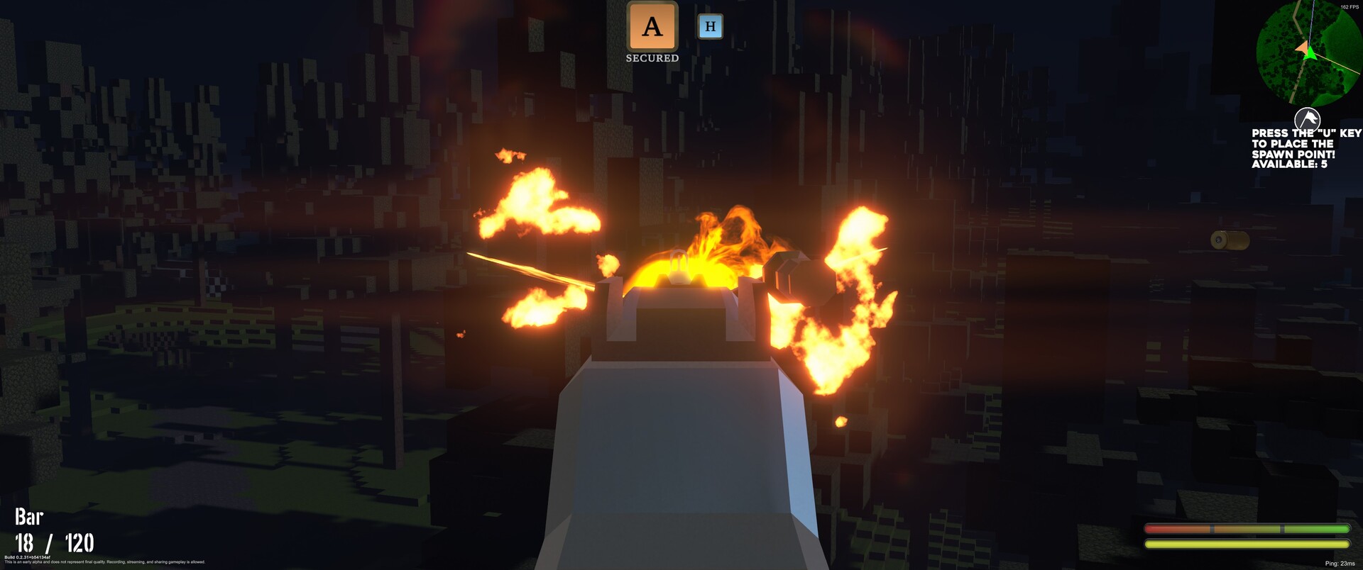 A night firefight in Bad Goons with explosions lighting a destructible voxel city skyline and the objective HUD visible