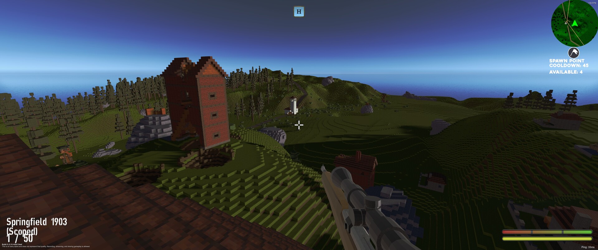 A scoped rifle in Bad Goons overlooking a brick tower and forested voxel hills