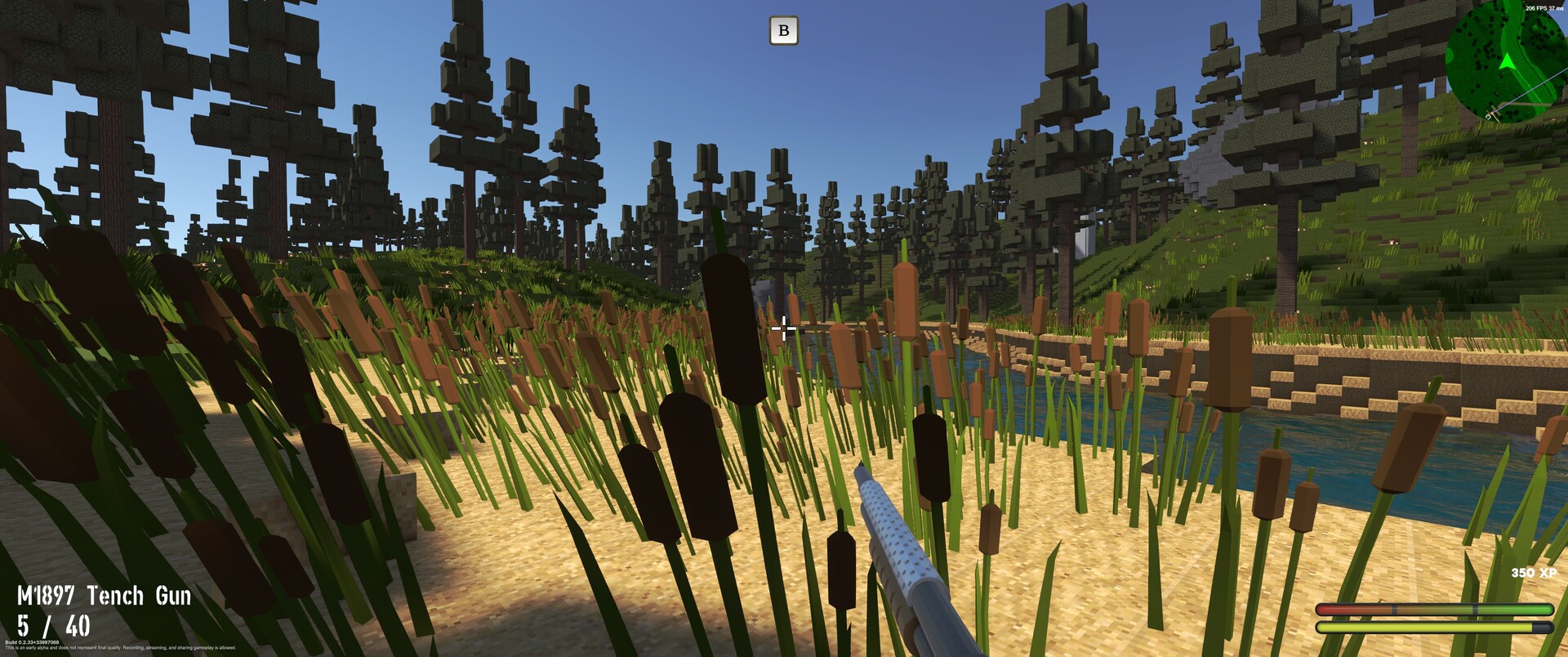 A shotgun carried through voxel reeds beside a river in Bad Goons