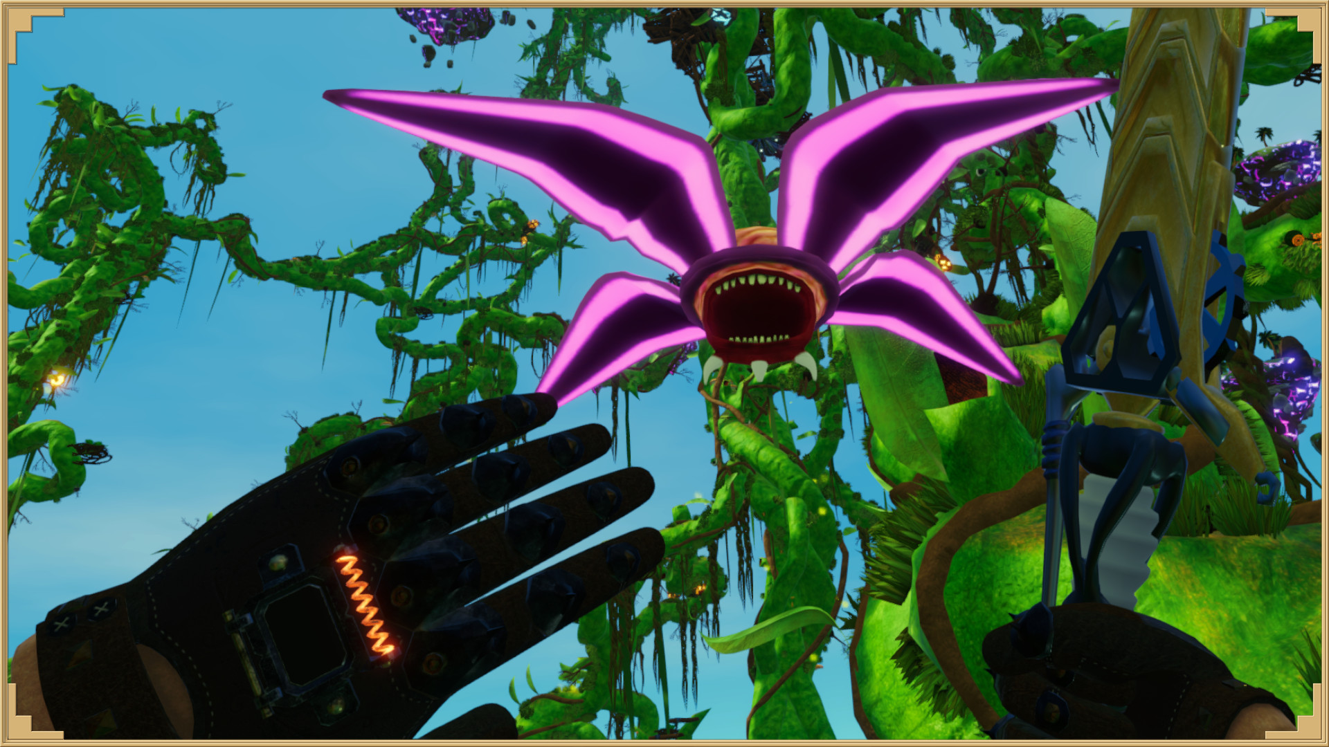 A pink carnivorous plant snapping at the player's armoured VR gauntlets in Beanstalker's vine world