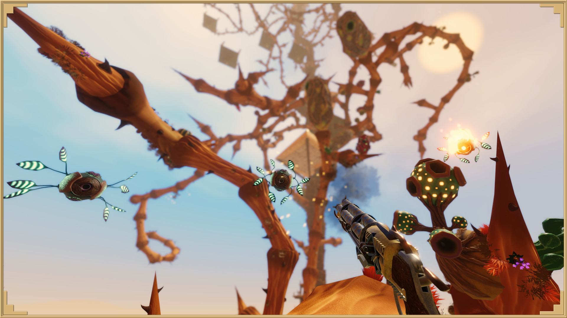 Striped flying creatures circling thorned desert vines in Beanstalker's arid biome
