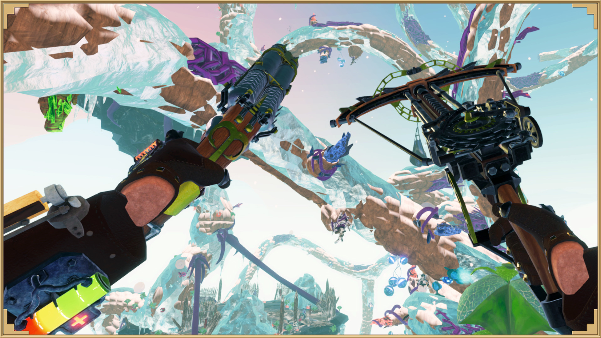 The player holding a crossbow and rifle among frozen beanstalk branches in Beanstalker's ice biome