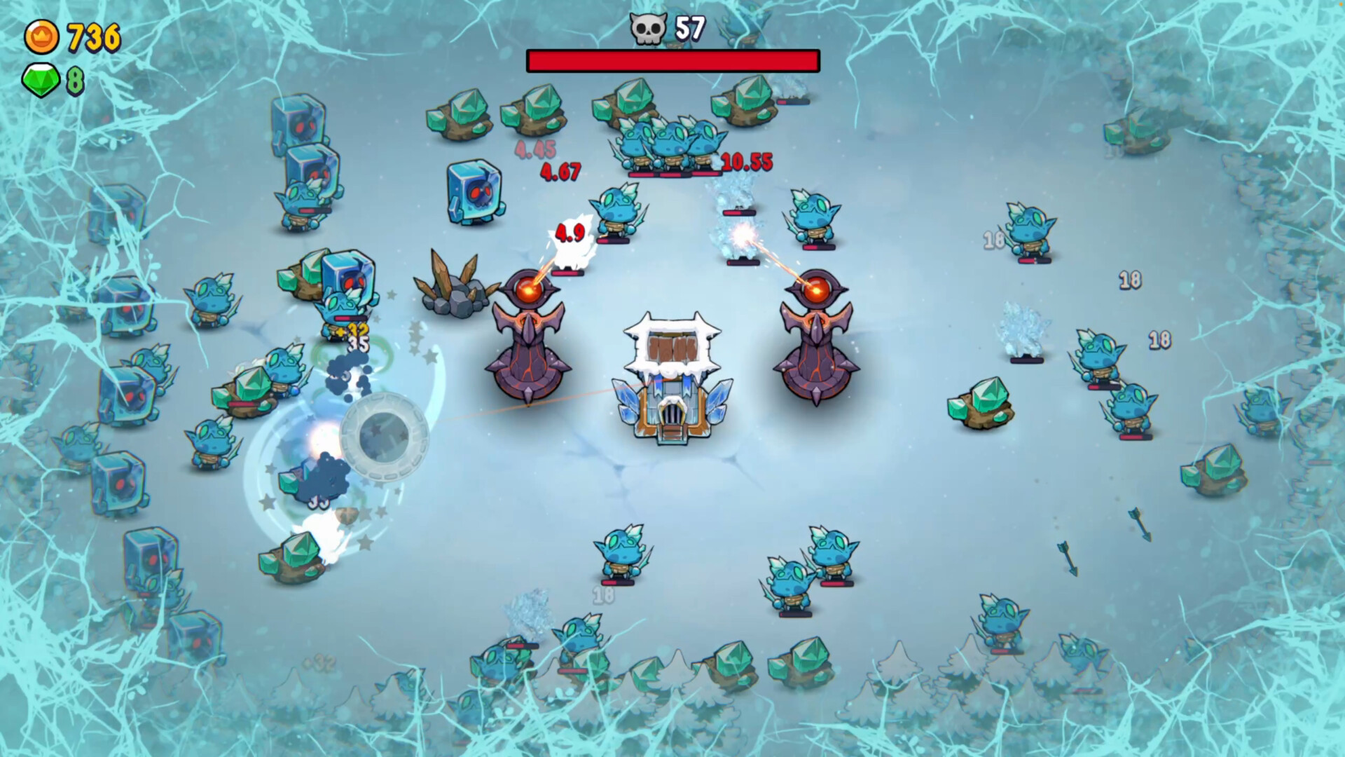 Incrempire towers holding a line against blue ice creatures in a frozen arena