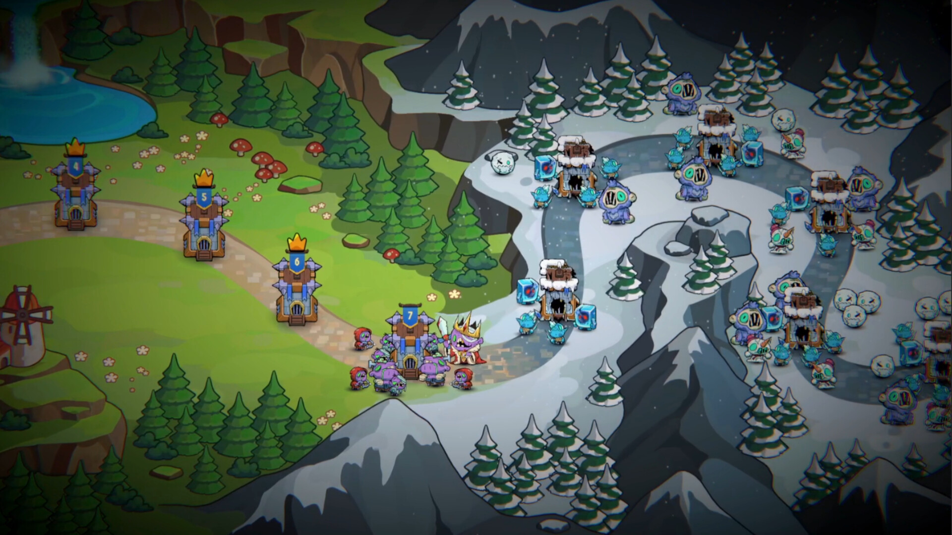 The Incrempire progression map with numbered castle levels across grass and snow regions