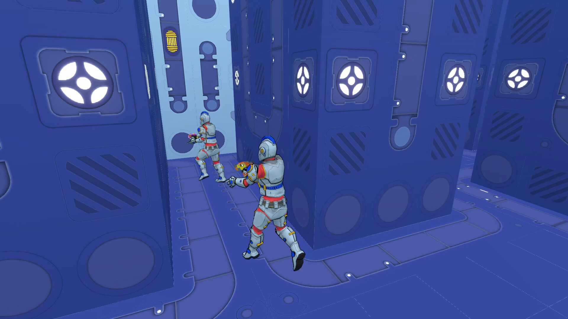 Two VOXSYS competitors duelling between blue voxel cover blocks