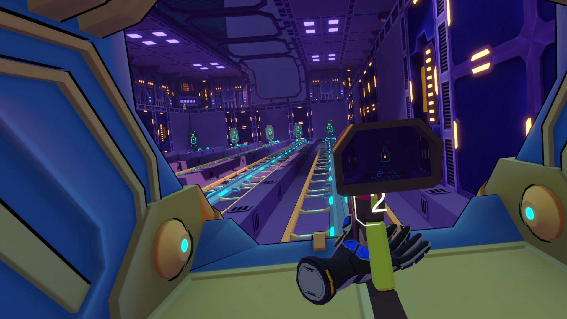 First-person view from a VOXSYS spawn pod looking down the lit arena corridor