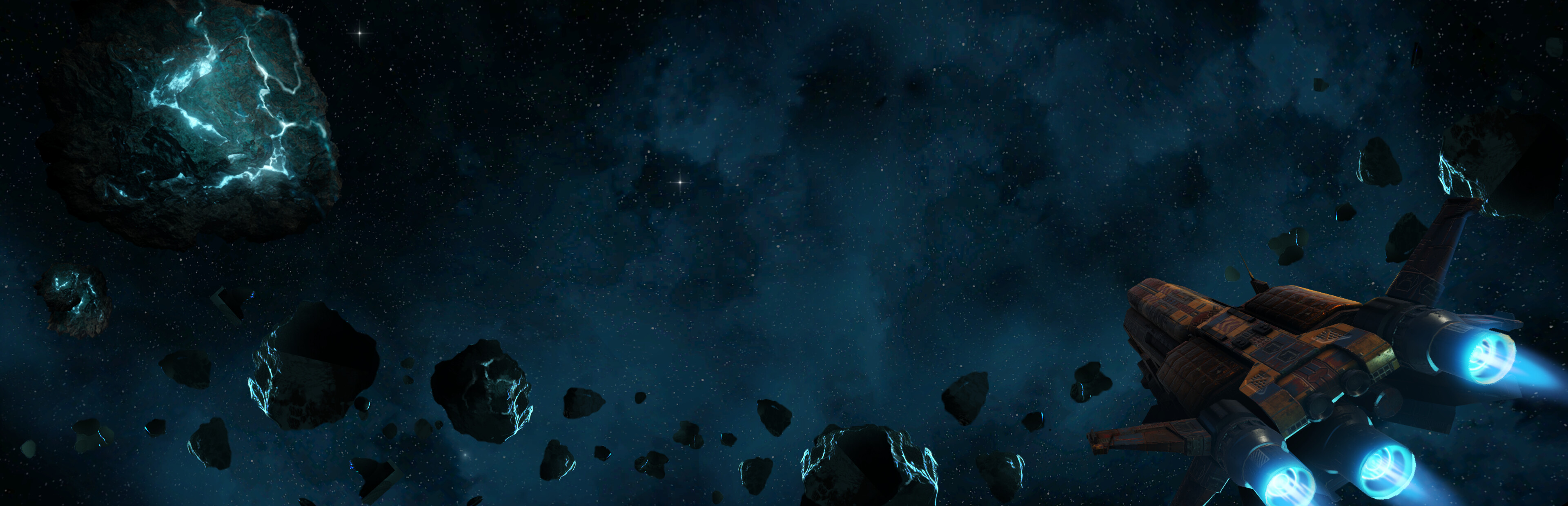 A spacecraft navigating an asteroid field in Astra Industria