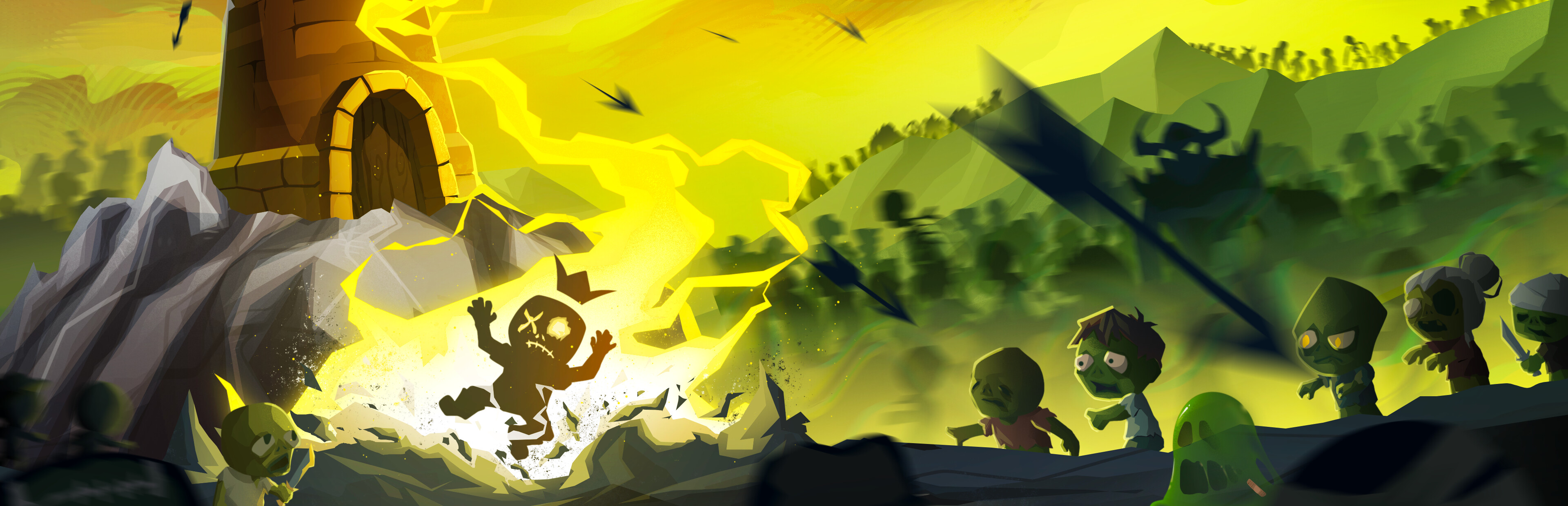 Stylized Incrempire characters defending a tower against an approaching undead army