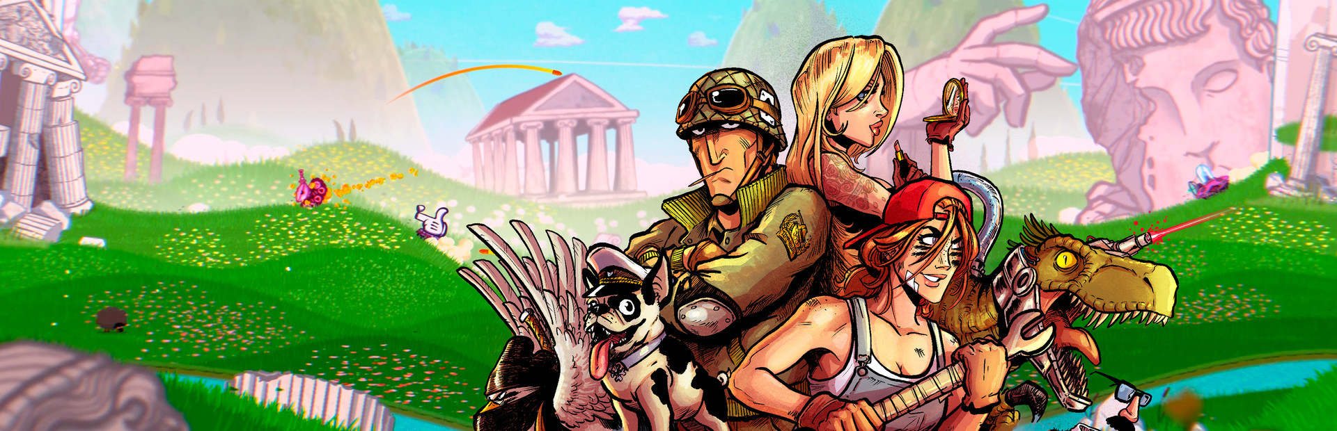 The illustrated cast of Tank Maniacs standing in a colorful physics-driven battlefield